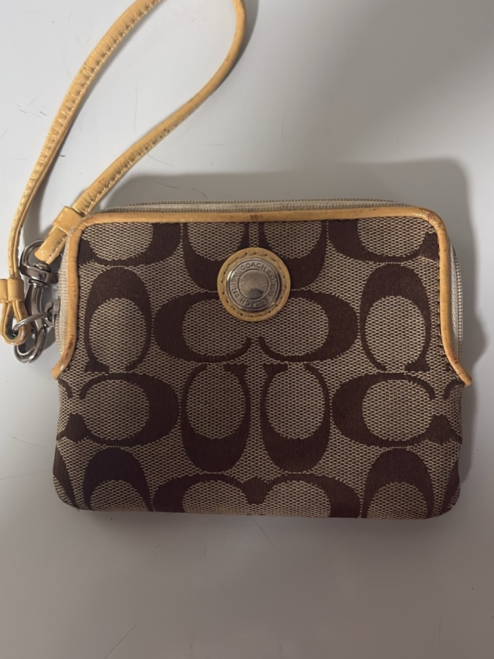 Coach Signature Canvas Wristlet in Brown with Tan Trim